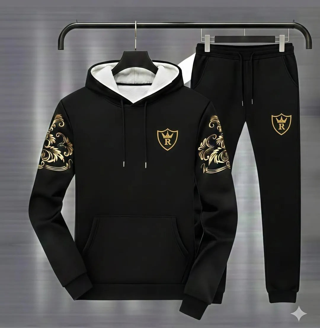 Men's black royal crest hoodie track suit with gold floral sleeves - front view