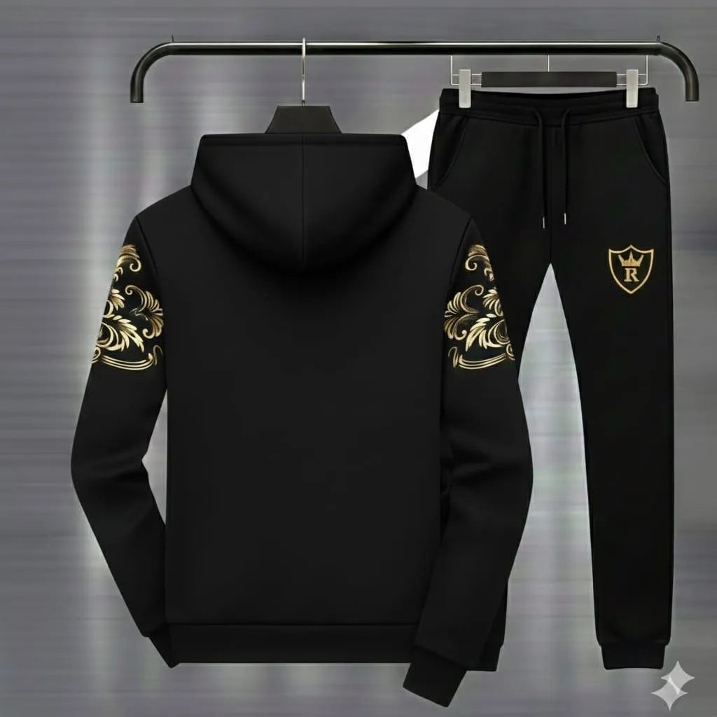 Men's black royal crest hoodie track suit with gold floral sleeves - angle view