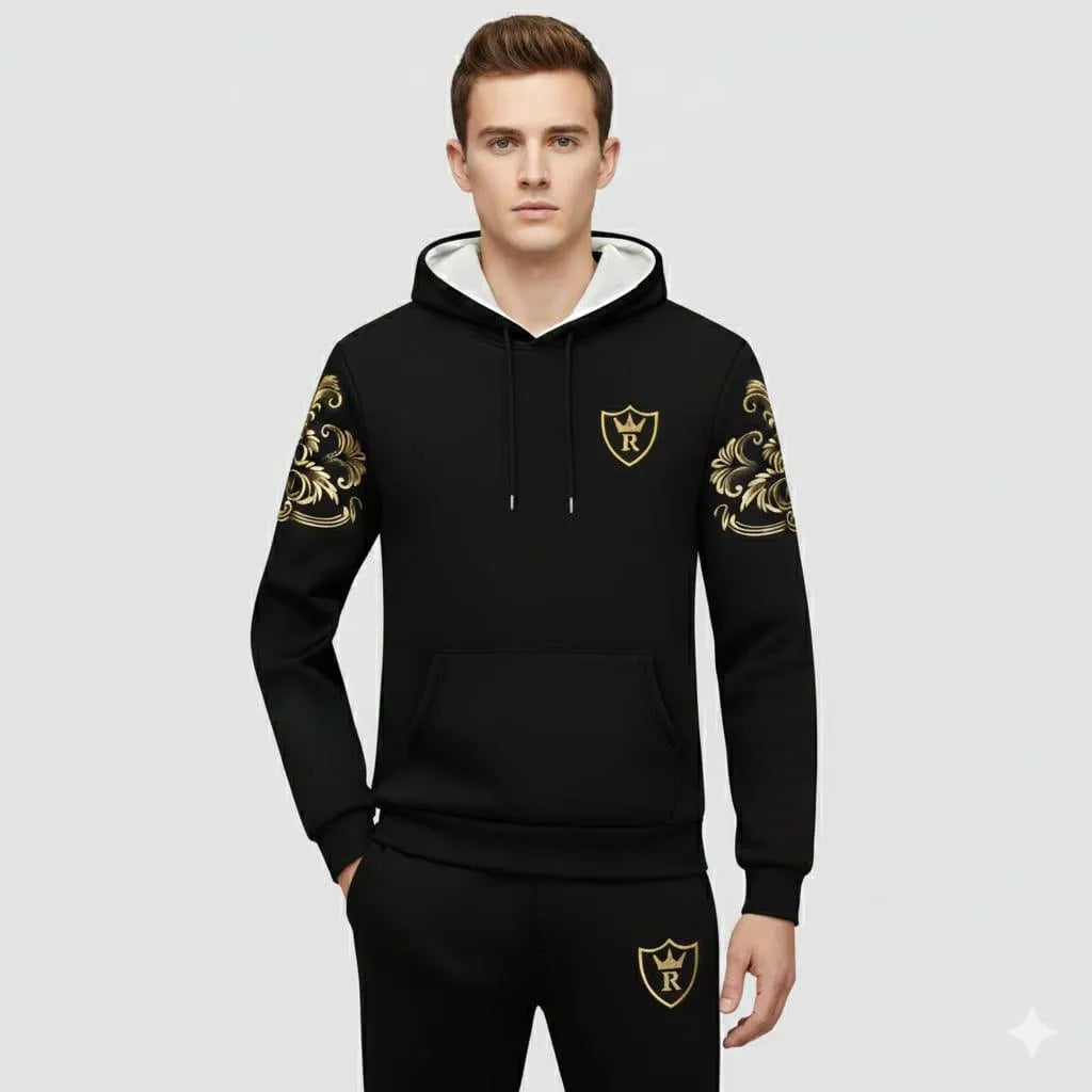 Men's black royal crest hoodie track suit with gold floral sleeves - close-up detail