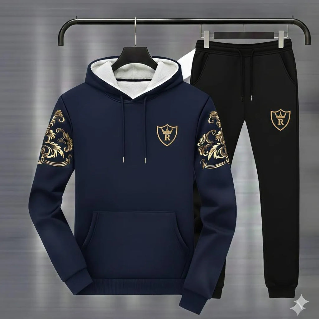 Men's blue royal crest hoodie track suit winter fleece - front view