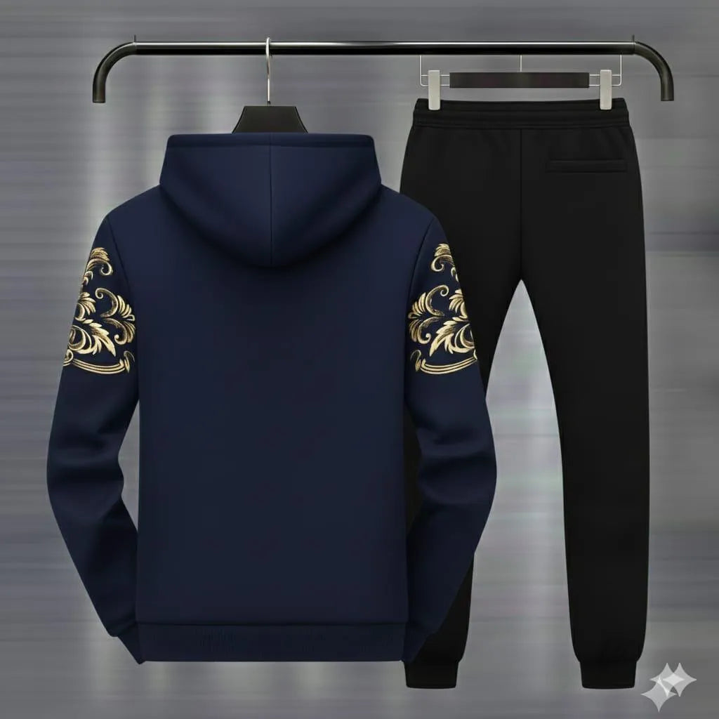 Men's blue royal crest hoodie track suit winter fleece - angle view