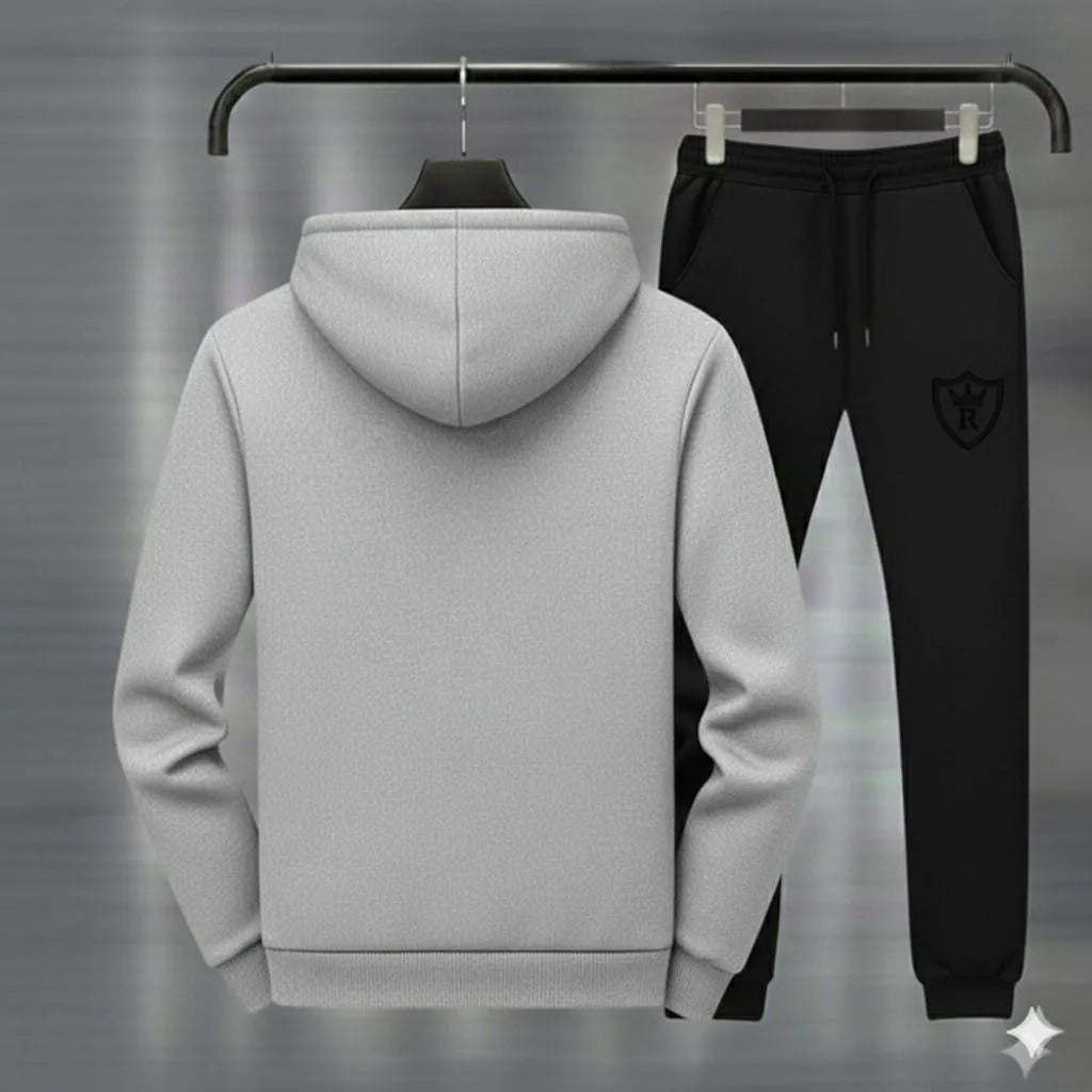 Grey black winter fleece track suit front view