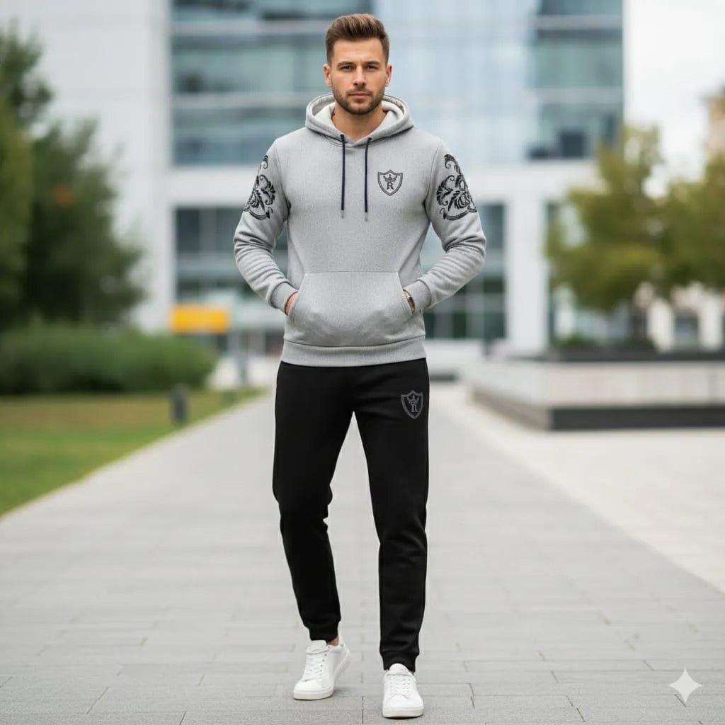 Royal crest hoodie track suit cozy fleece detail