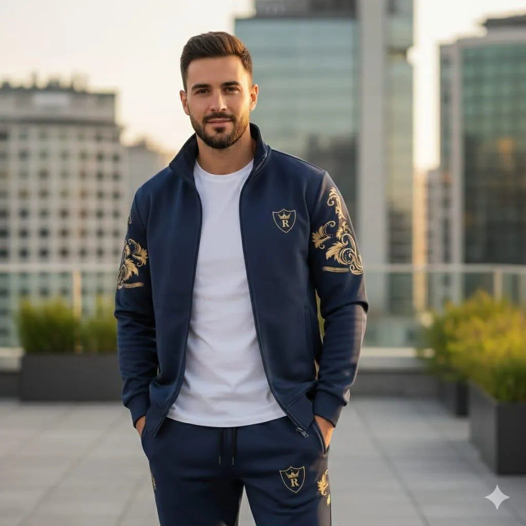 Men's navy blue embroidered track suit - jacket detail