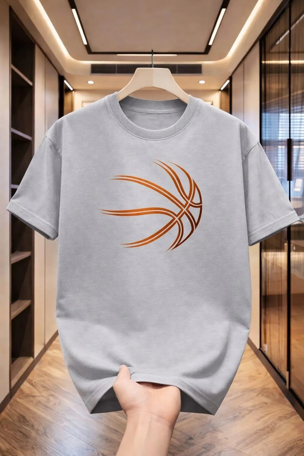 Men grey cotton t-shirt with orange basketball graphic – front view