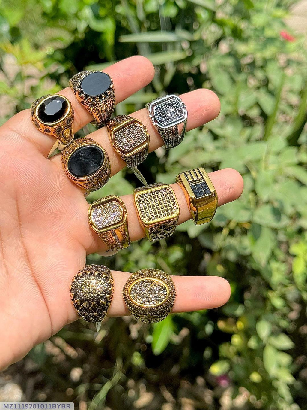 Turkish gold plated crystal men's ring - lifestyle worn view