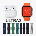 Smartwatch and AirPods Pro 2 combo with orange band - front view
