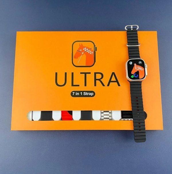 Smartwatch and AirPods Pro 2 combo with orange band - angle view