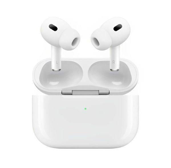 Smartwatch and AirPods Pro 2 combo with orange band - close-up detail