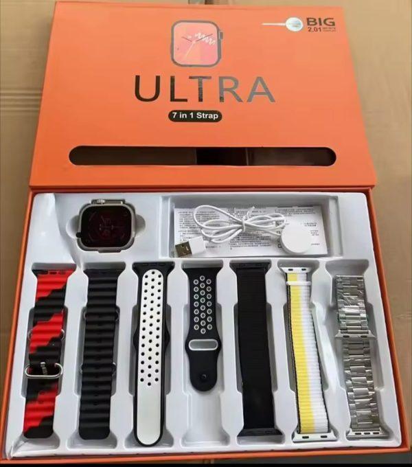Smartwatch and AirPods Pro 2 combo with orange band - back view