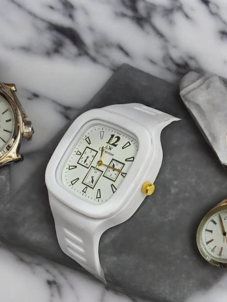 White square analog watch with gold accents for men - front view