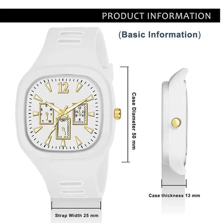 White square analog watch with gold accents - side view