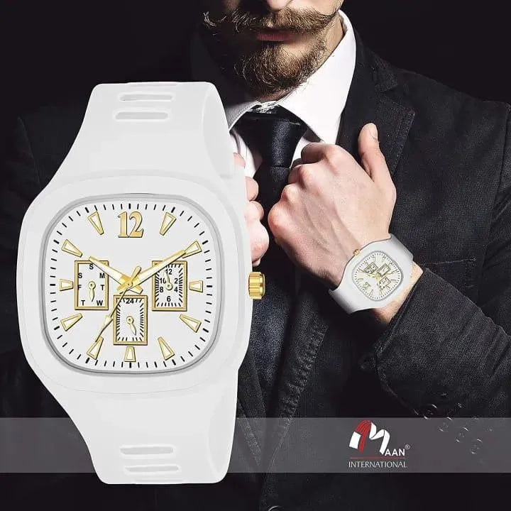 White square analog watch with gold accents - wrist view