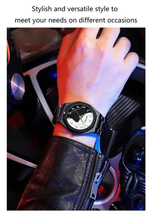 Men's carbon fiber watch with black marble dial chronograph - front view
