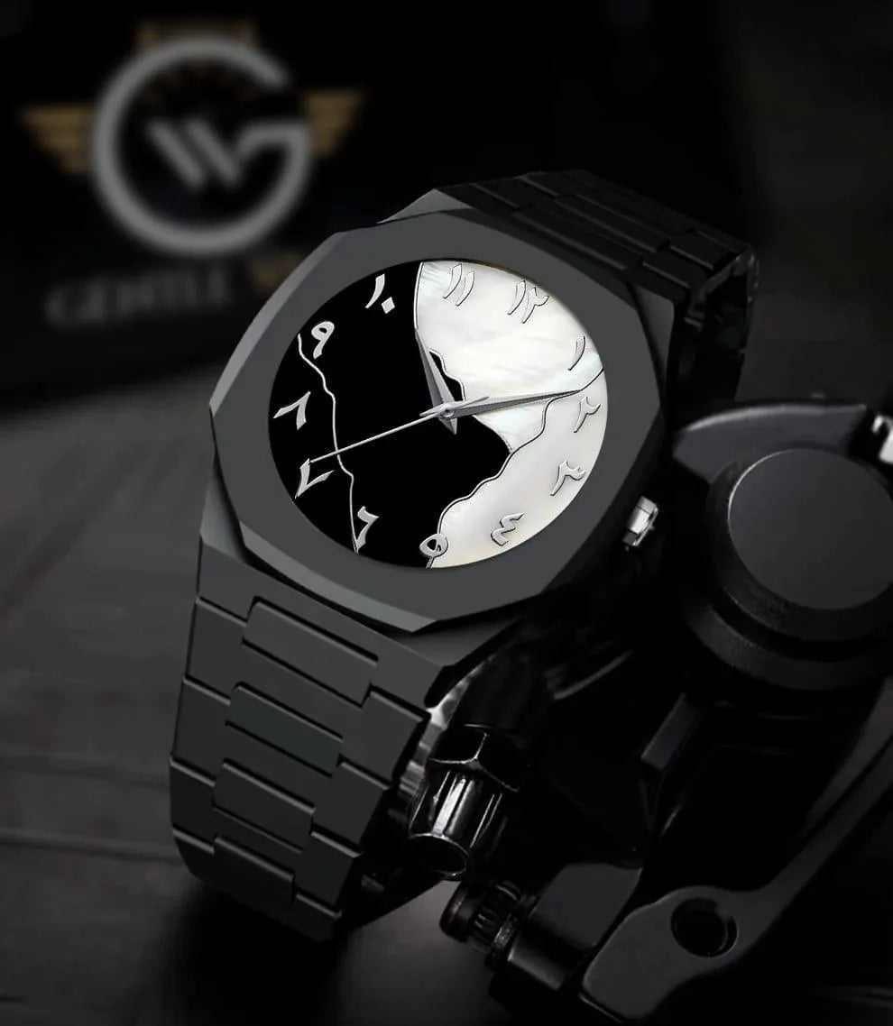 Men's carbon fiber watch with black marble dial chronograph - close-up detail