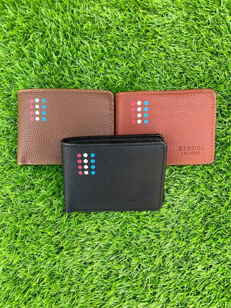 Men brown leather bi-fold wallet with dot pattern – card slots and cash compartment