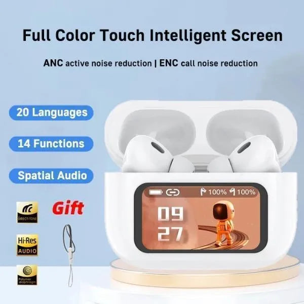 Premium ANC wireless earbuds with full-colour touch screen charging case