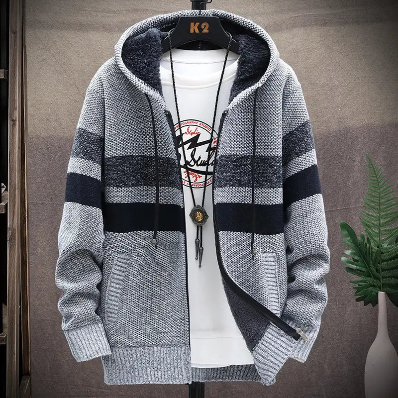 Men Striped Hooded Knit Cardigan – Winter Warm