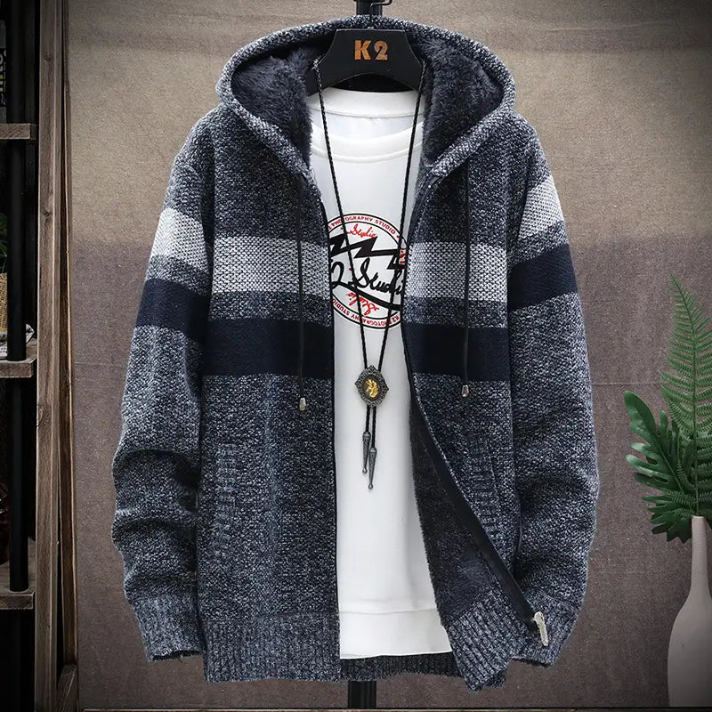Men Striped Hooded Knit Cardigan – Winter Warm (view 2)