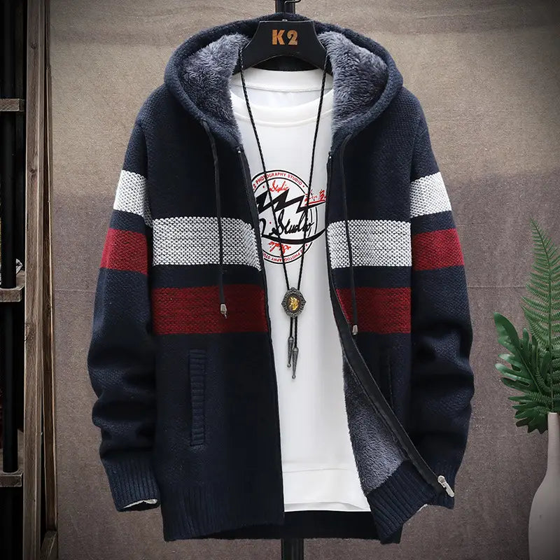 Men Striped Hooded Knit Cardigan – Winter Warm (view 3)