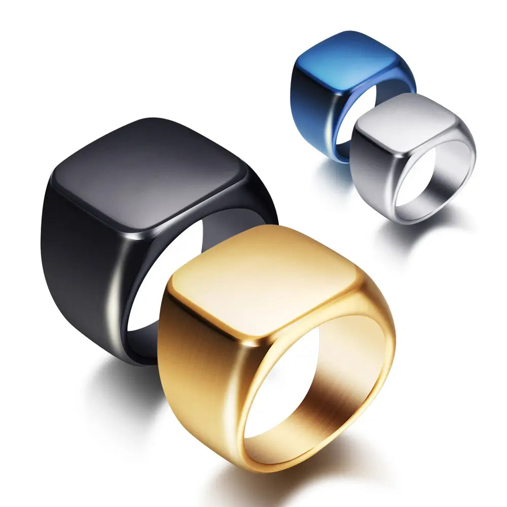 Retro square rings 18mm in gold black silver and blue