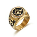 Gold plated emblem ring for men with sparkling stones - front view