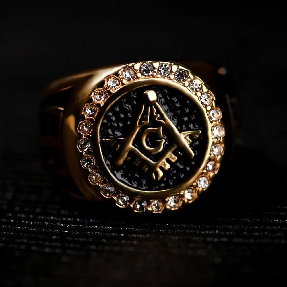 Gold plated emblem ring for men with sparkling stones - angle view