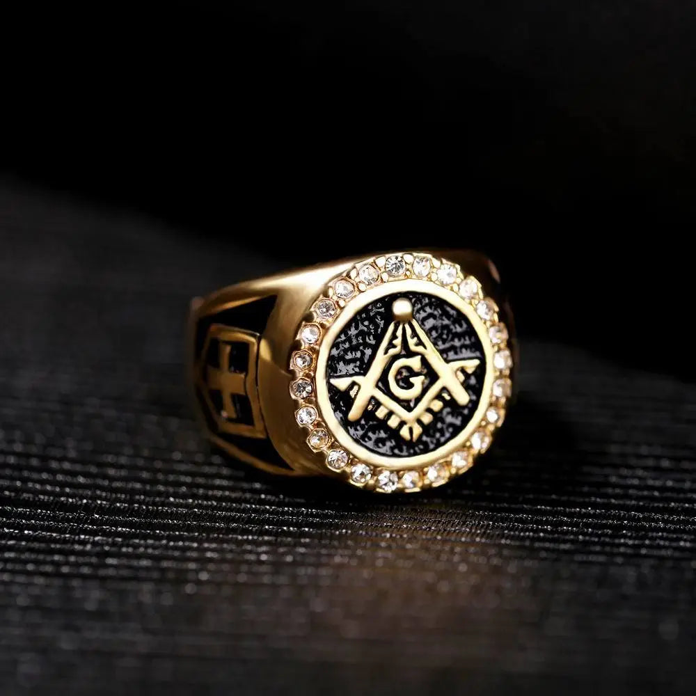 Gold plated emblem ring for men with sparkling stones - lifestyle view