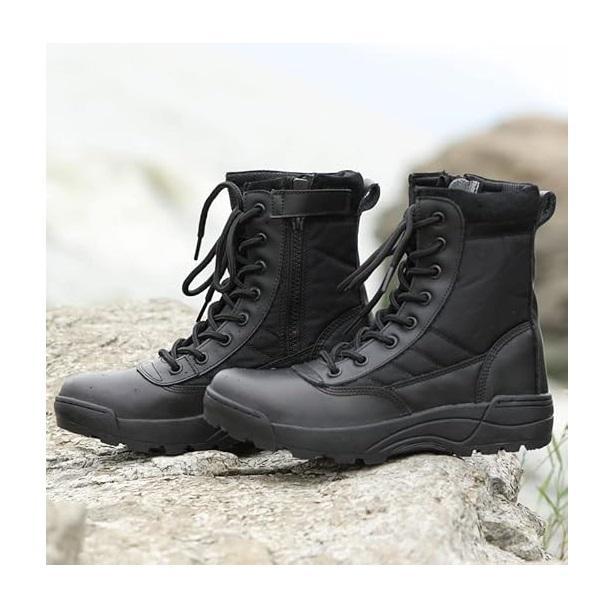 Men's black synthetic leather calf boots – side view