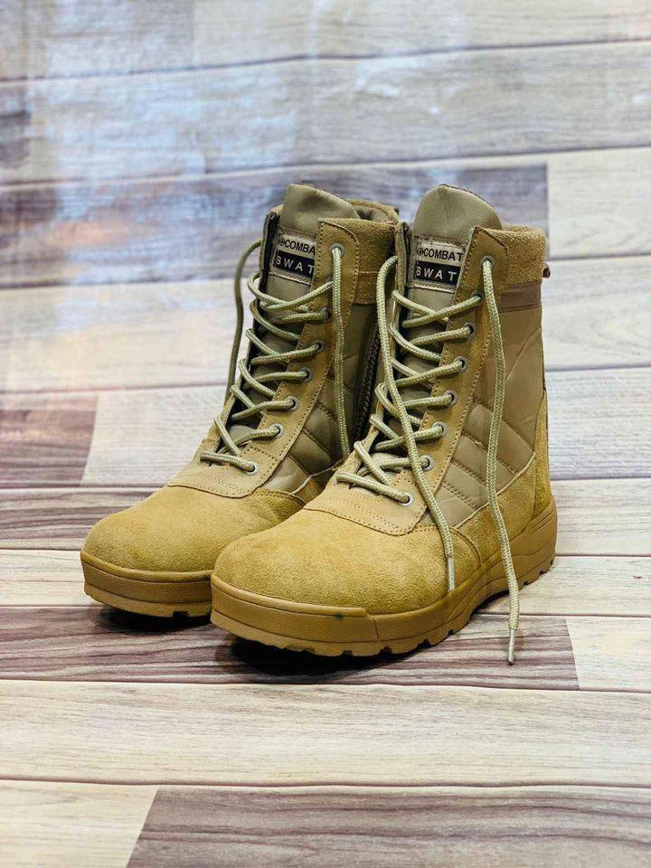 Men's beige synthetic leather formal jump boots - front view