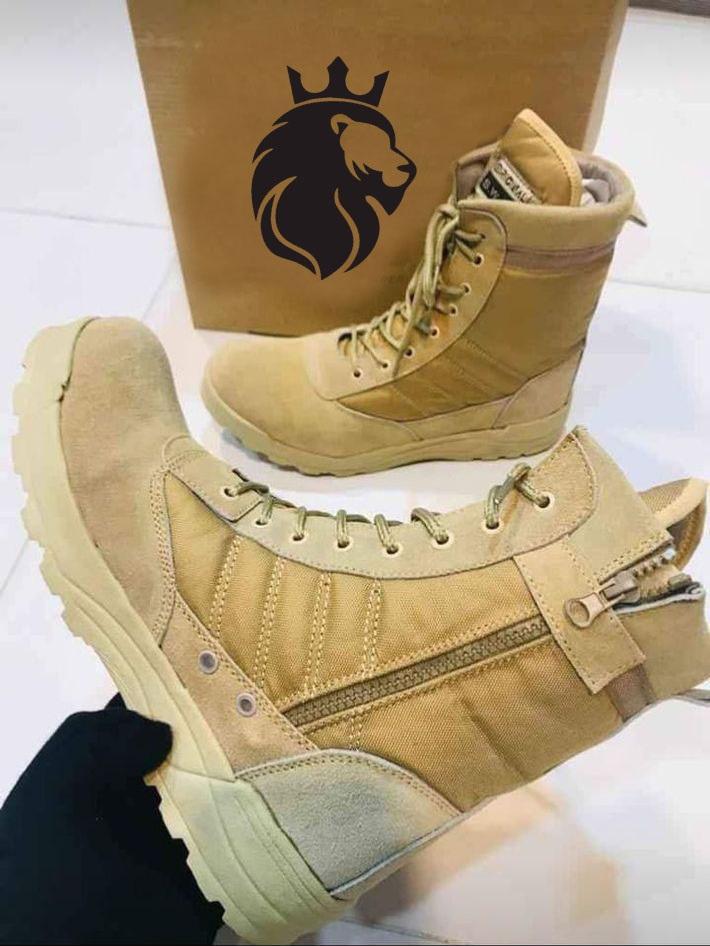 Men's beige synthetic leather formal jump boots - side view