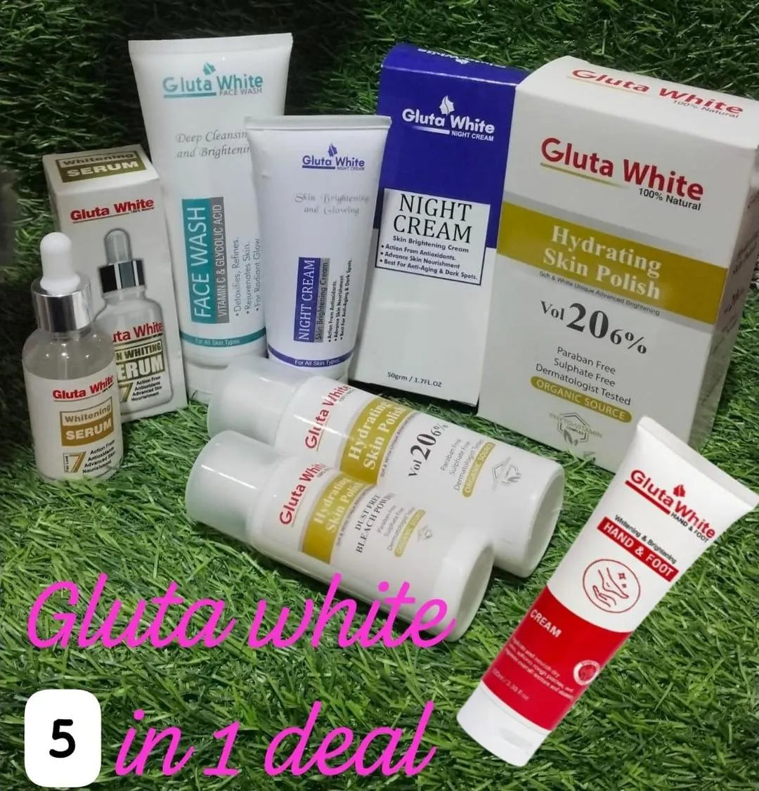 Gluta White 5-in-1 skincare bundle - contents flat lay