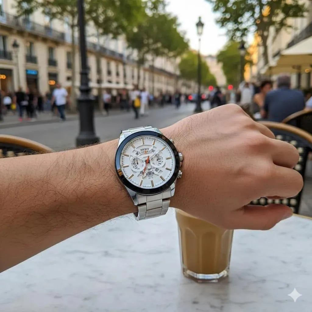 Men's stainless steel chain strap watch – side profile