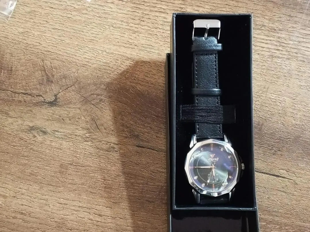 Men's black PU leather watch - clear dial front view