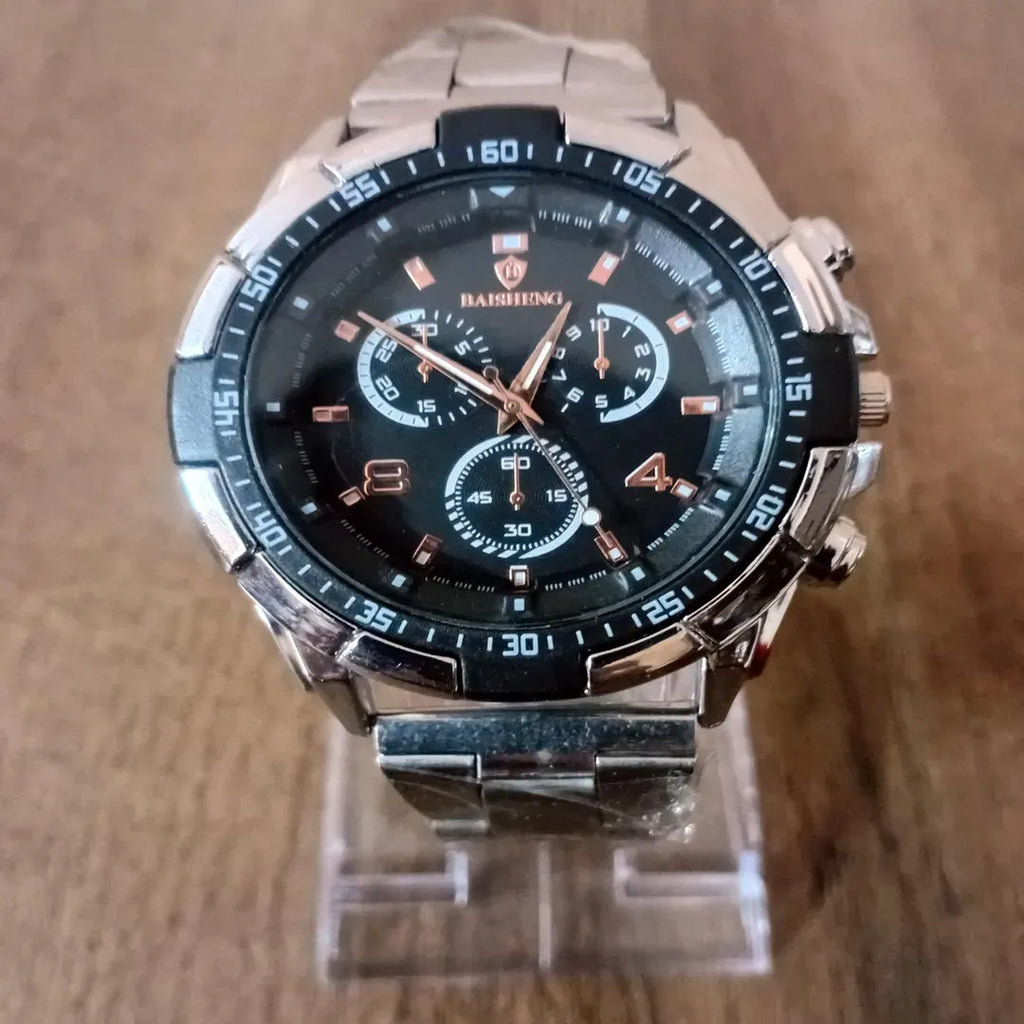 Men's stainless steel chronograph watch rose gold dial - front view
