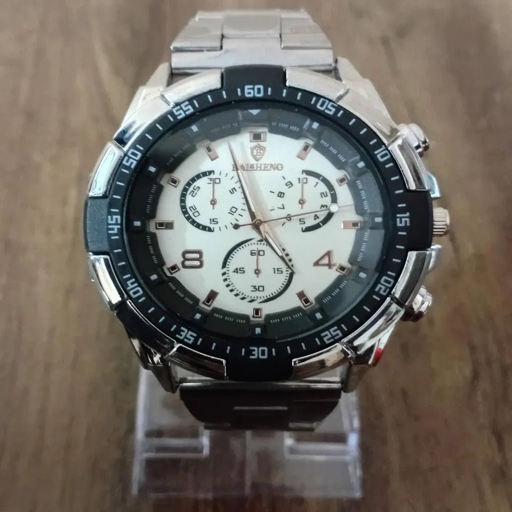 Men's stainless steel chronograph watch rose gold dial - side view