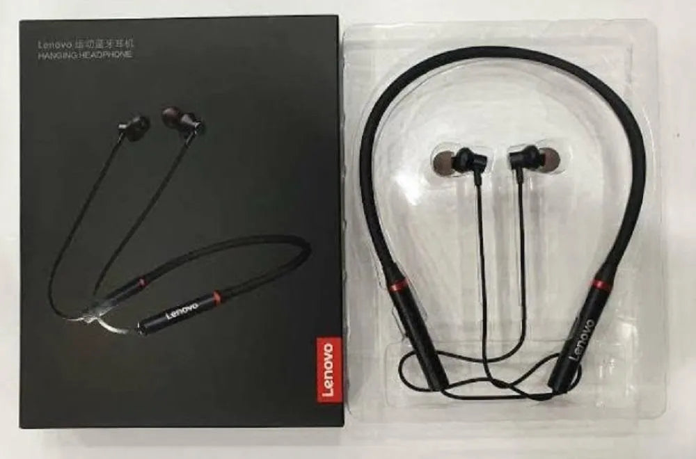 Lenovo wireless neckband earphones in black – product view