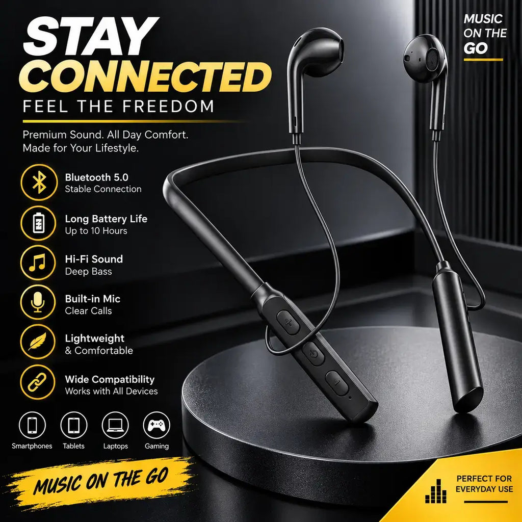 Neckband bluetooth wireless earphones - black front view
