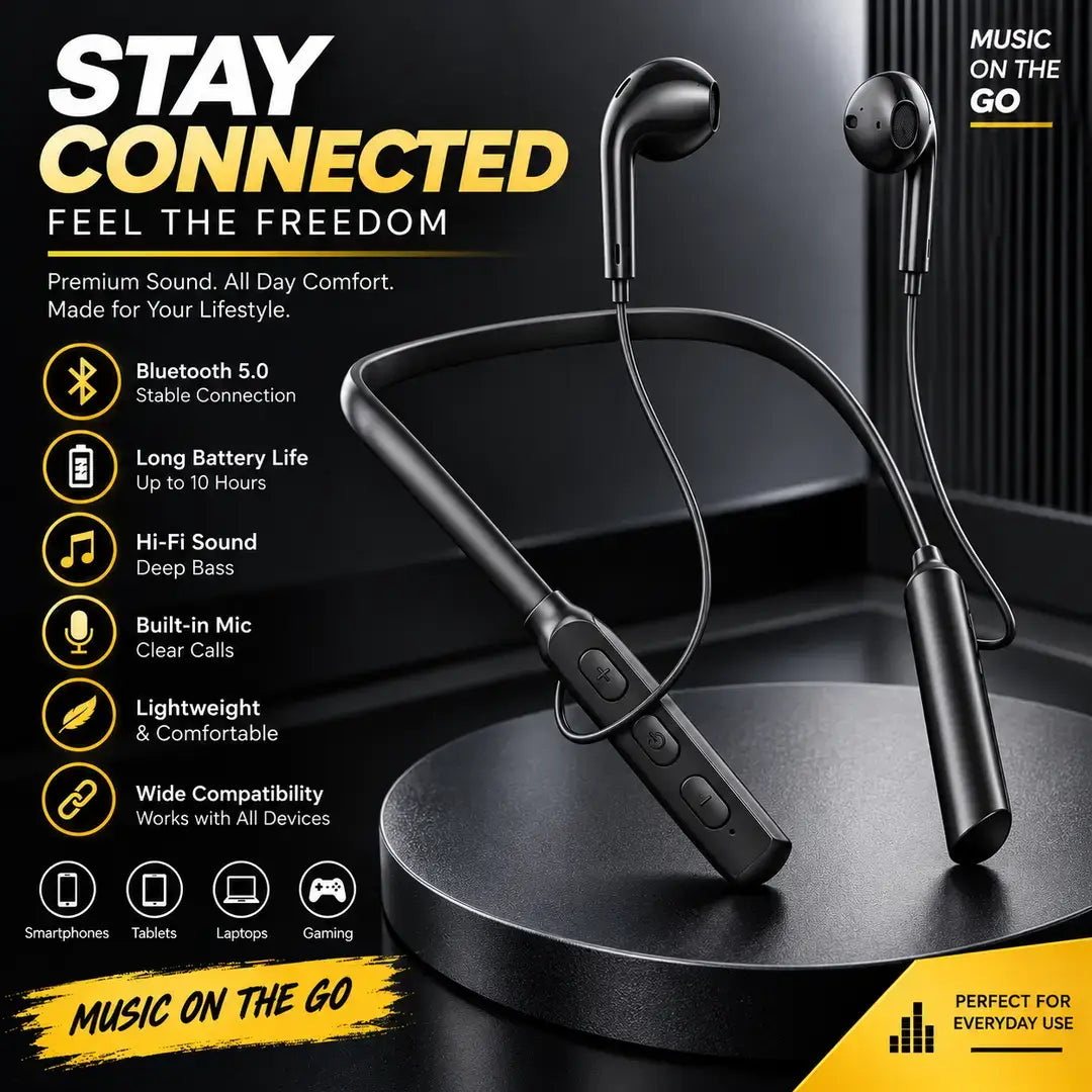 Neckband bluetooth wireless earphones - black front view