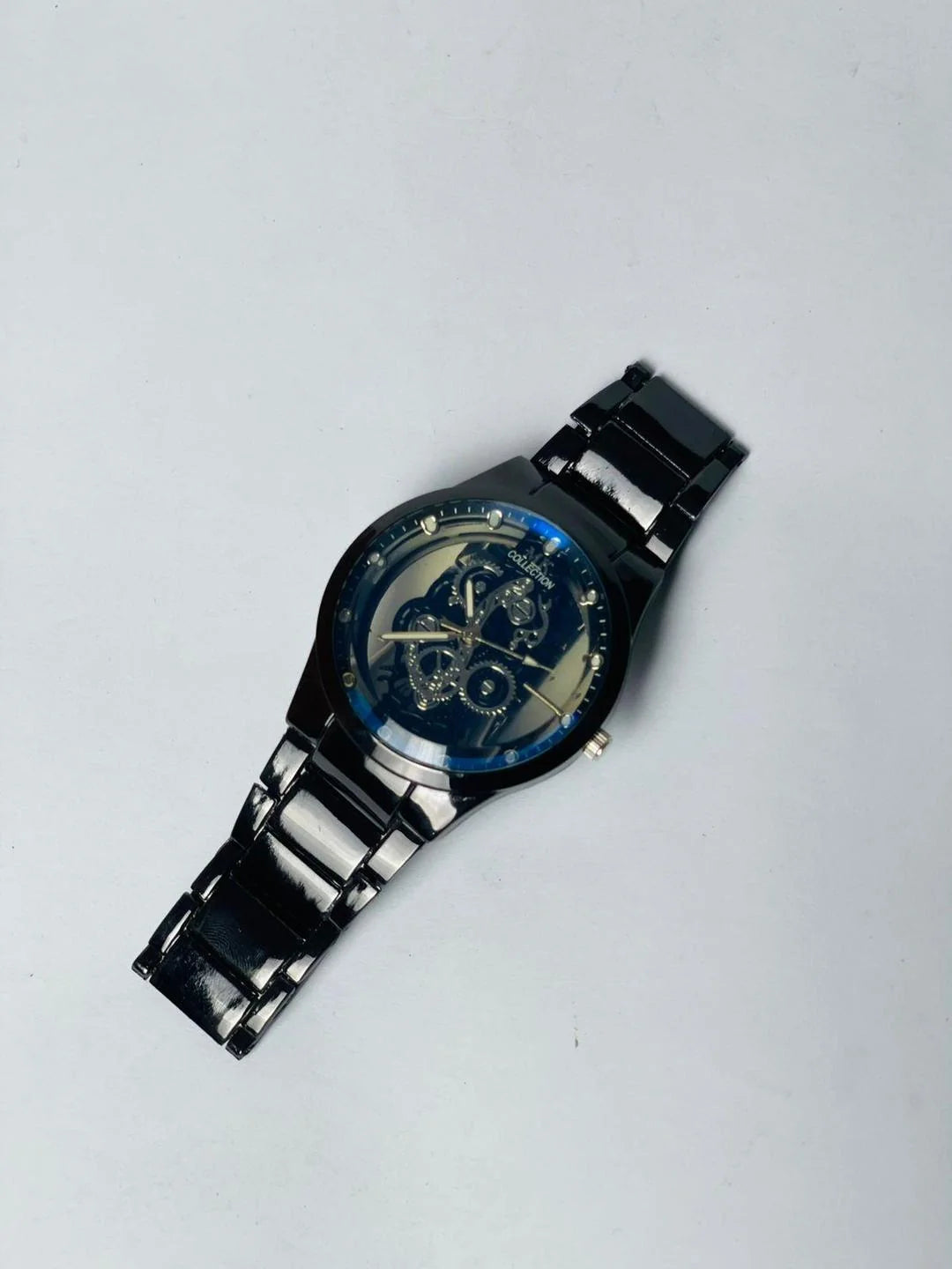 Men's black stainless steel skeleton watch – visible gear dial