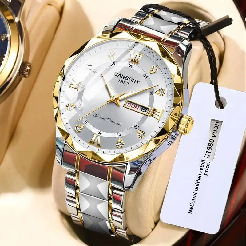 Luxury men's stainless steel sports quartz watch – front dial view