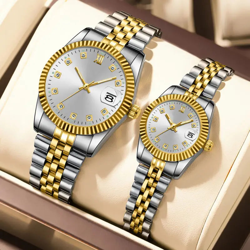 Luxury couple watches set golden and silver his and hers - front view
