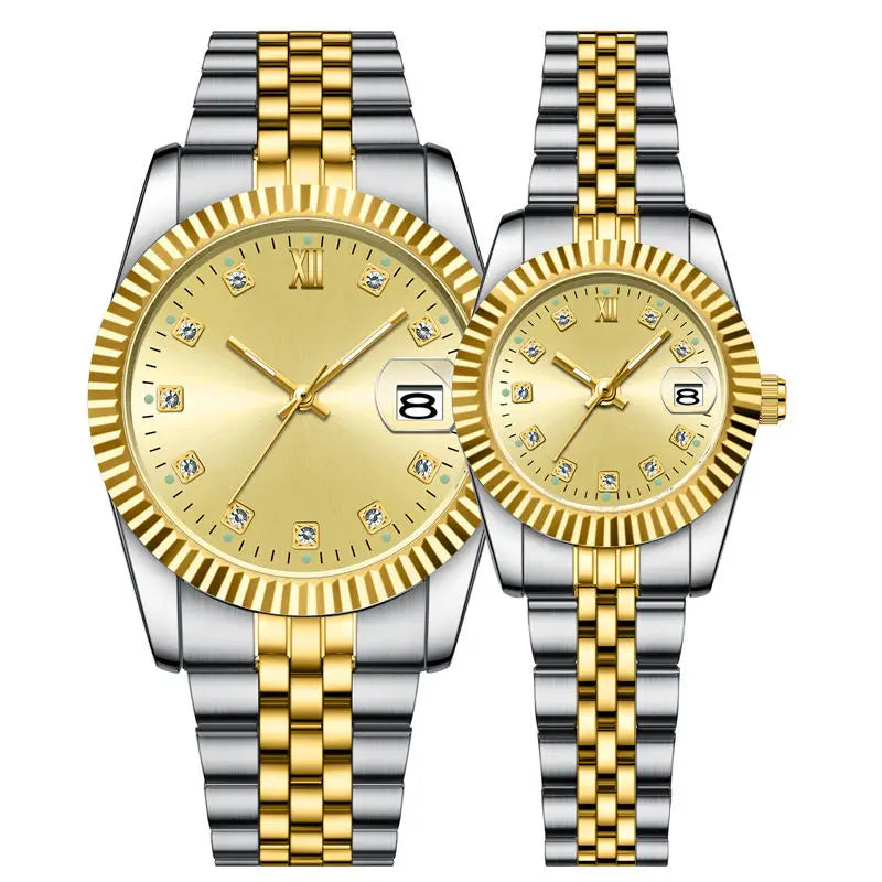 Luxury couple watches set golden and silver his and hers - angle view