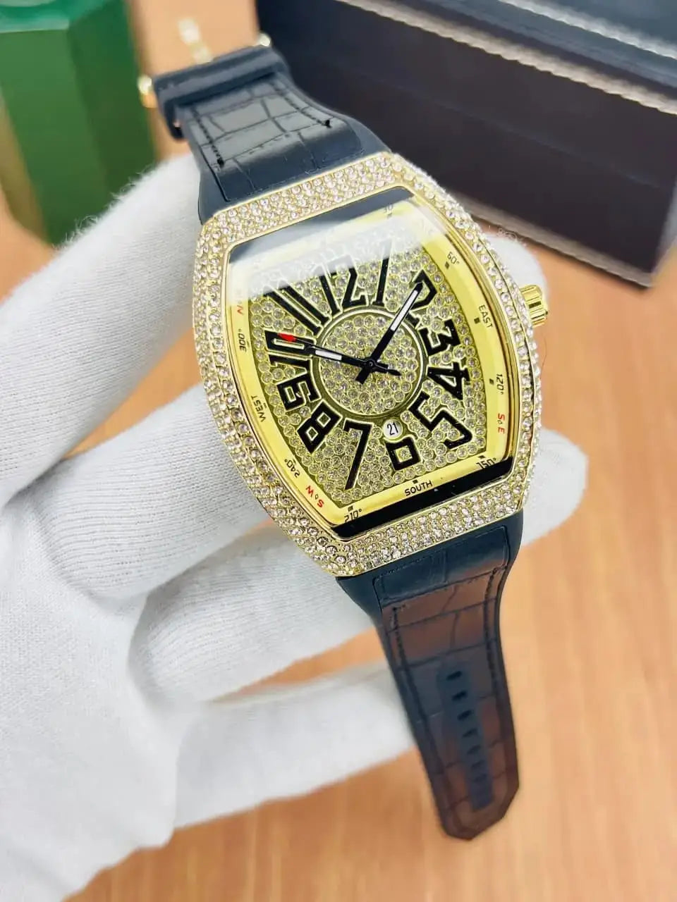 Men's diamond stone luxury watch – dial close-up