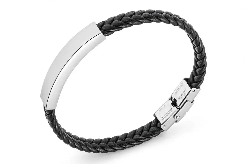 Men's Black Leather Bracelet with Silver Plate