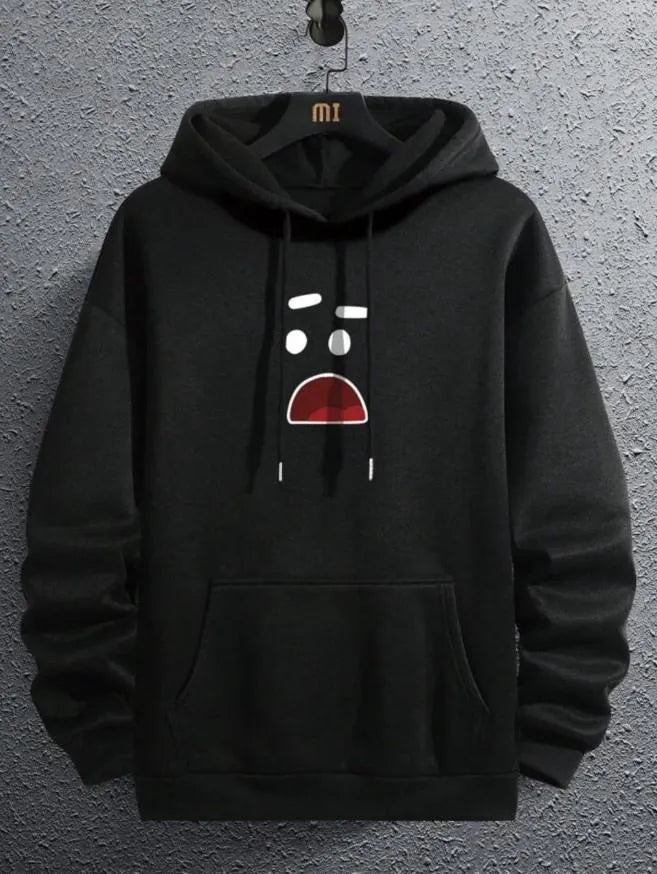 Men's black printed hoodie with front pocket - front view