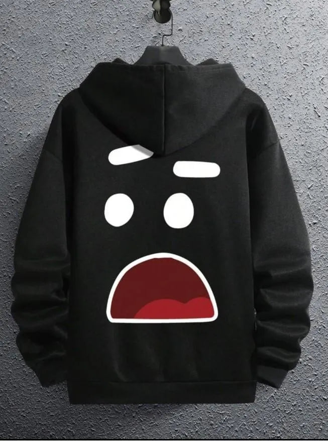 Men's black printed hoodie with front pocket - angle view