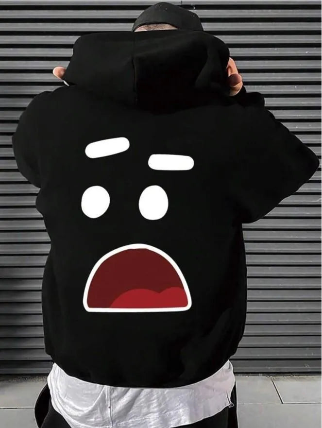 Men's black printed hoodie with front pocket - close-up detail