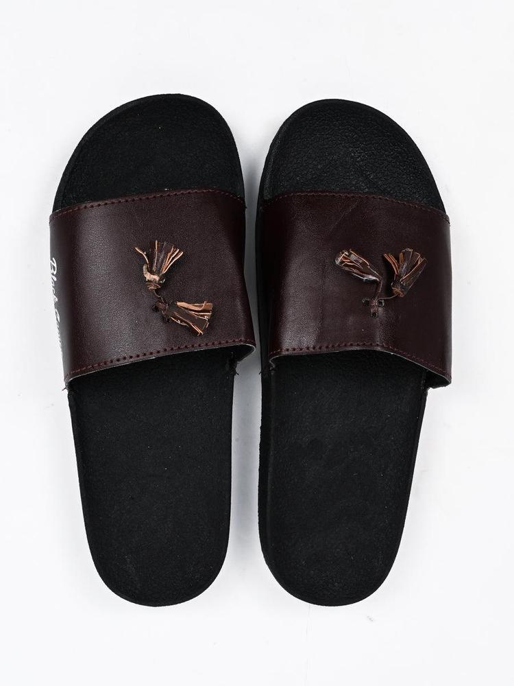 Men's black tassel slide slippers - PU leather pair