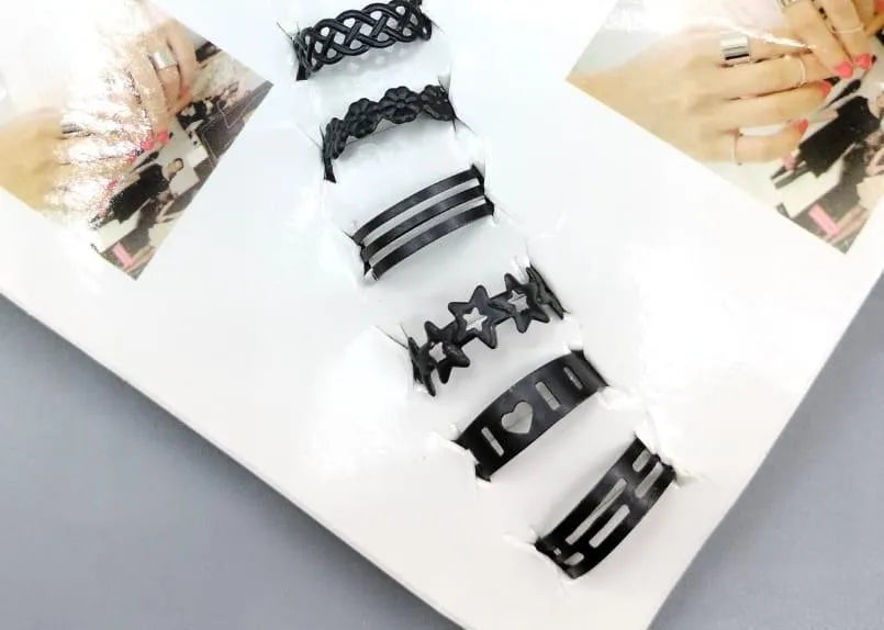 Black adjustable fashion rings, set of 10 – heart and star designs